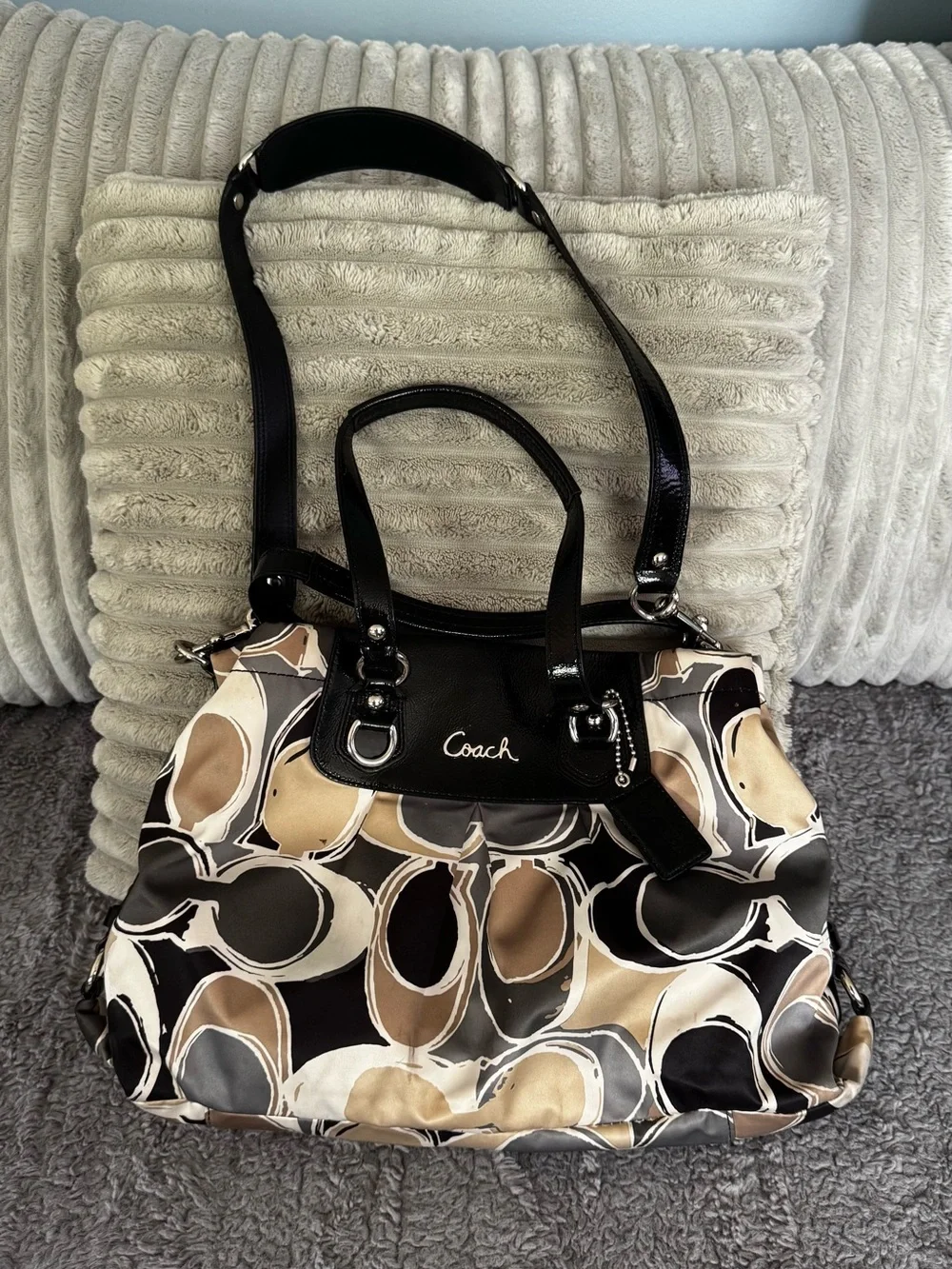 Coach Beige, Black & Cream Signature Circle Tote with Patent Trim